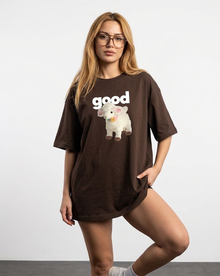 Hepsitrent Good Koyun Baskılı Kahverengi Oversize T-shirt