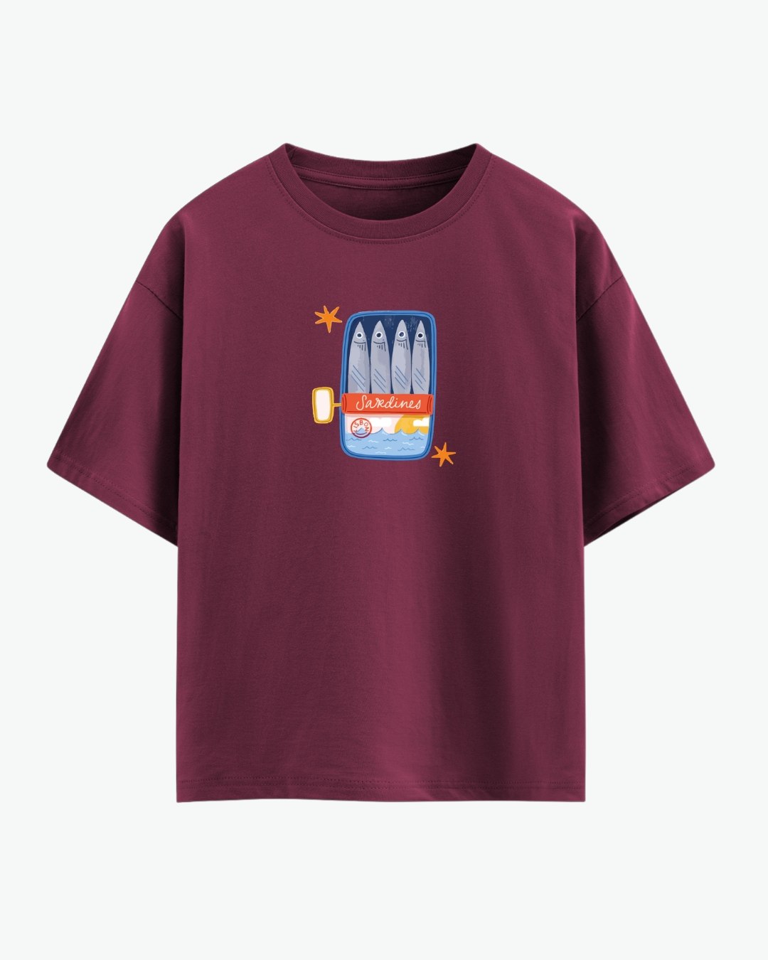 Hepsitrent Sardines Baskılı Bordo Oversize T-shirt