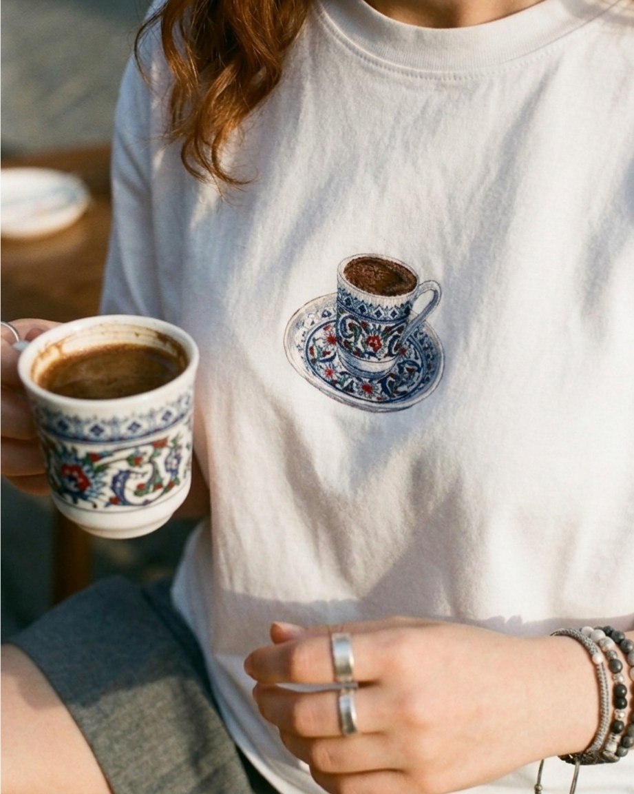 Hepsitrent Türk Kahvesi Baskılı Beyaz Oversize T-shirt