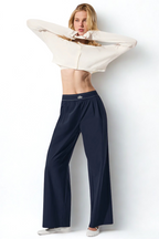 ALO Lacivert Renk Elastik Bel Logolu Relaxed Fit Düz Paça Kadın Pantolon