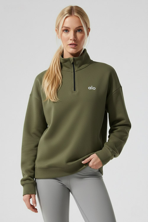 ALO Haki Renk Yarım Fermuarlı Yaka Uzun Kollu Sweatshirt