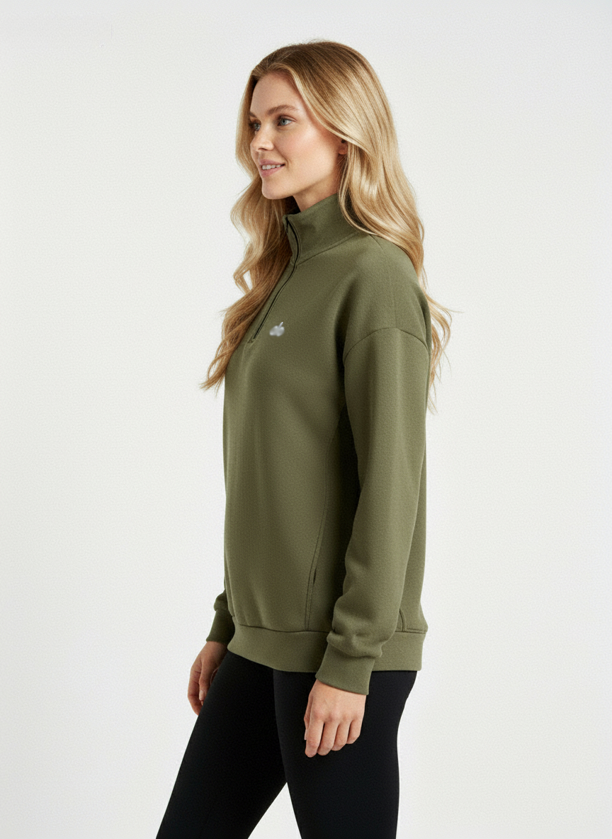 ALO Haki Renk Yarım Fermuarlı Yaka Uzun Kollu Sweatshirt