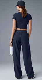 ALO Lacivert Renk Elastik Bel Logolu Relaxed Fit Düz Paça Kadın Pantolon