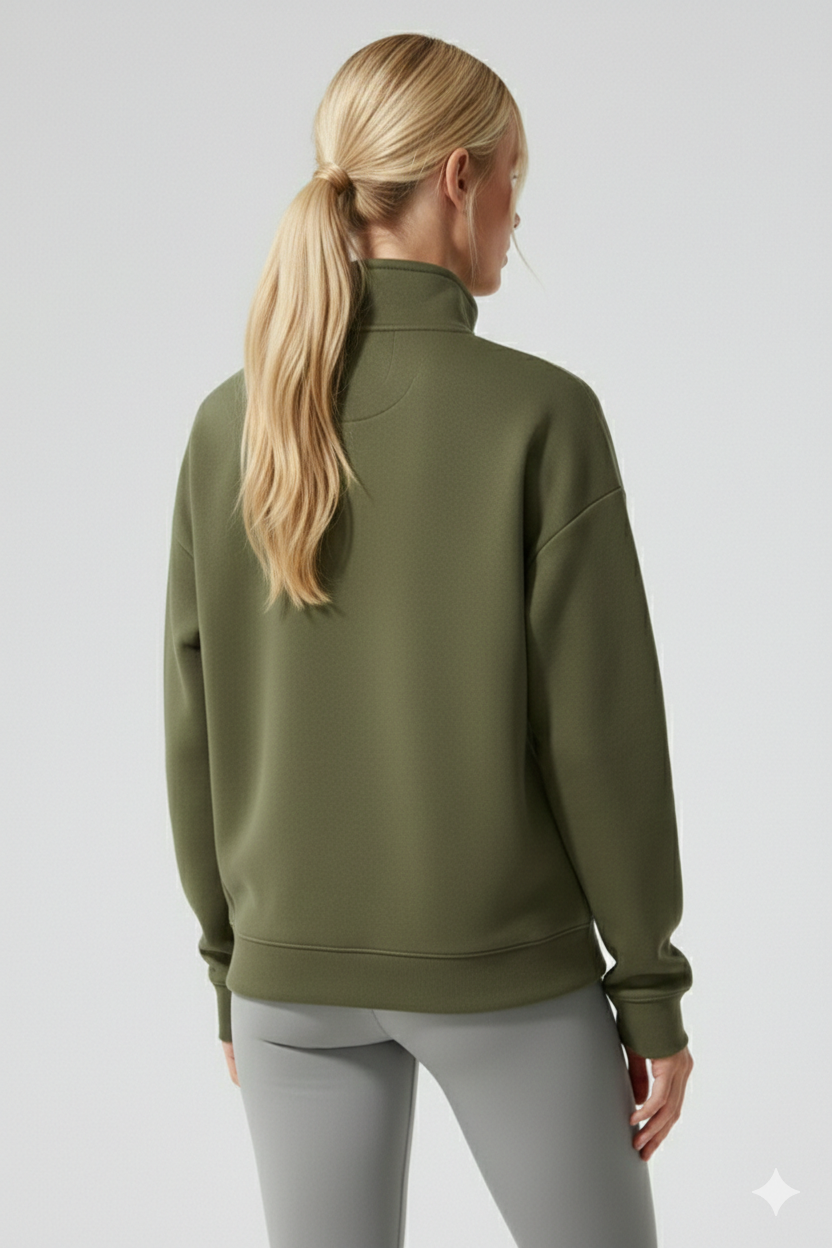 ALO Haki Renk Yarım Fermuarlı Yaka Uzun Kollu Sweatshirt