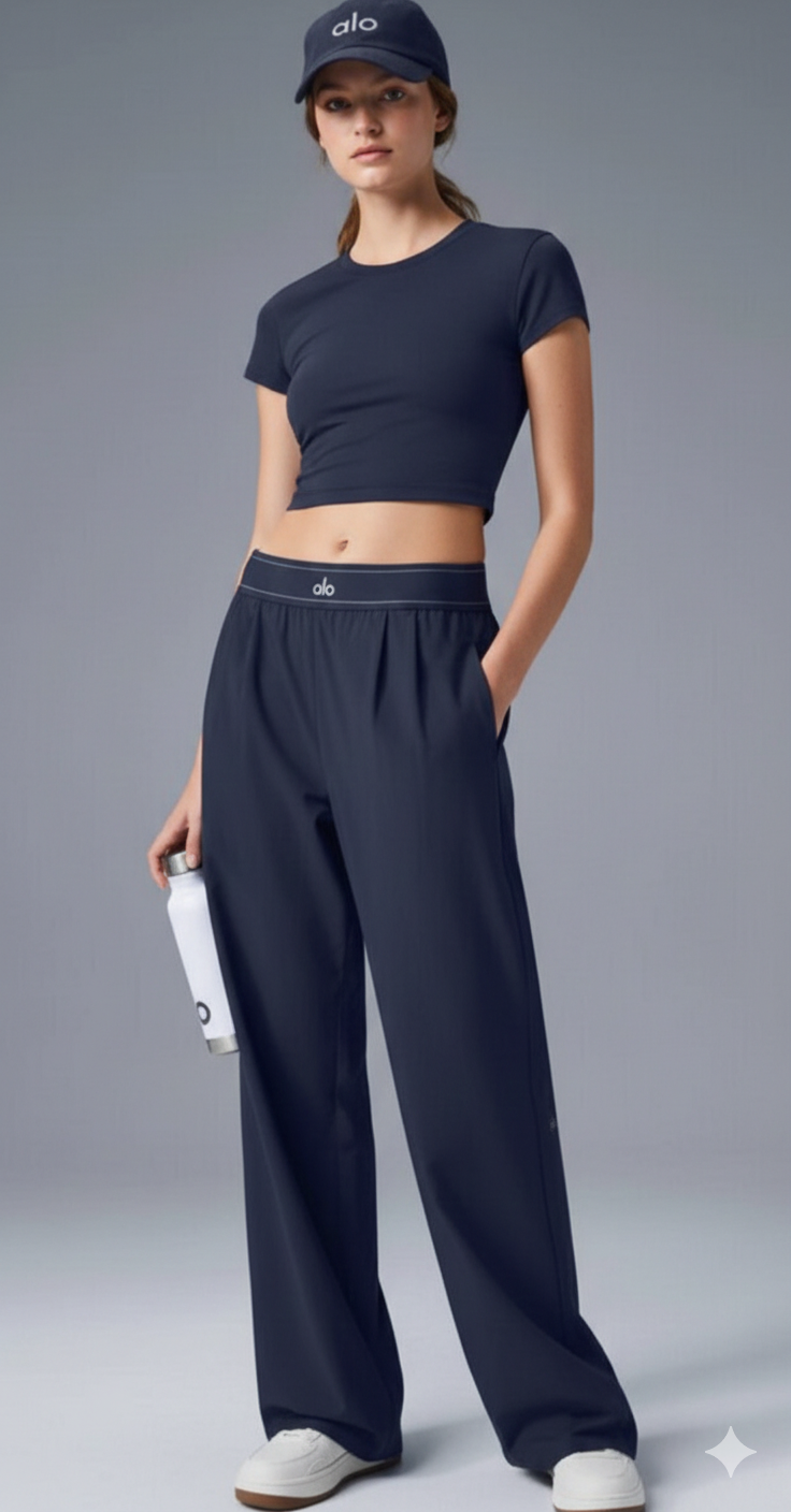 ALO Lacivert Renk Elastik Bel Logolu Relaxed Fit Düz Paça Kadın Pantolon