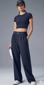 ALO Lacivert Renk Elastik Bel Logolu Relaxed Fit Düz Paça Kadın Pantolon