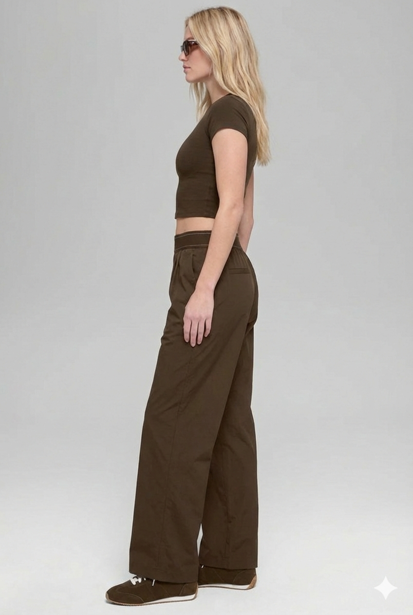 ALO Espresso Kahve Elastik Bel Logolu Relaxed Fit Düz Paça Kadın Pantolon