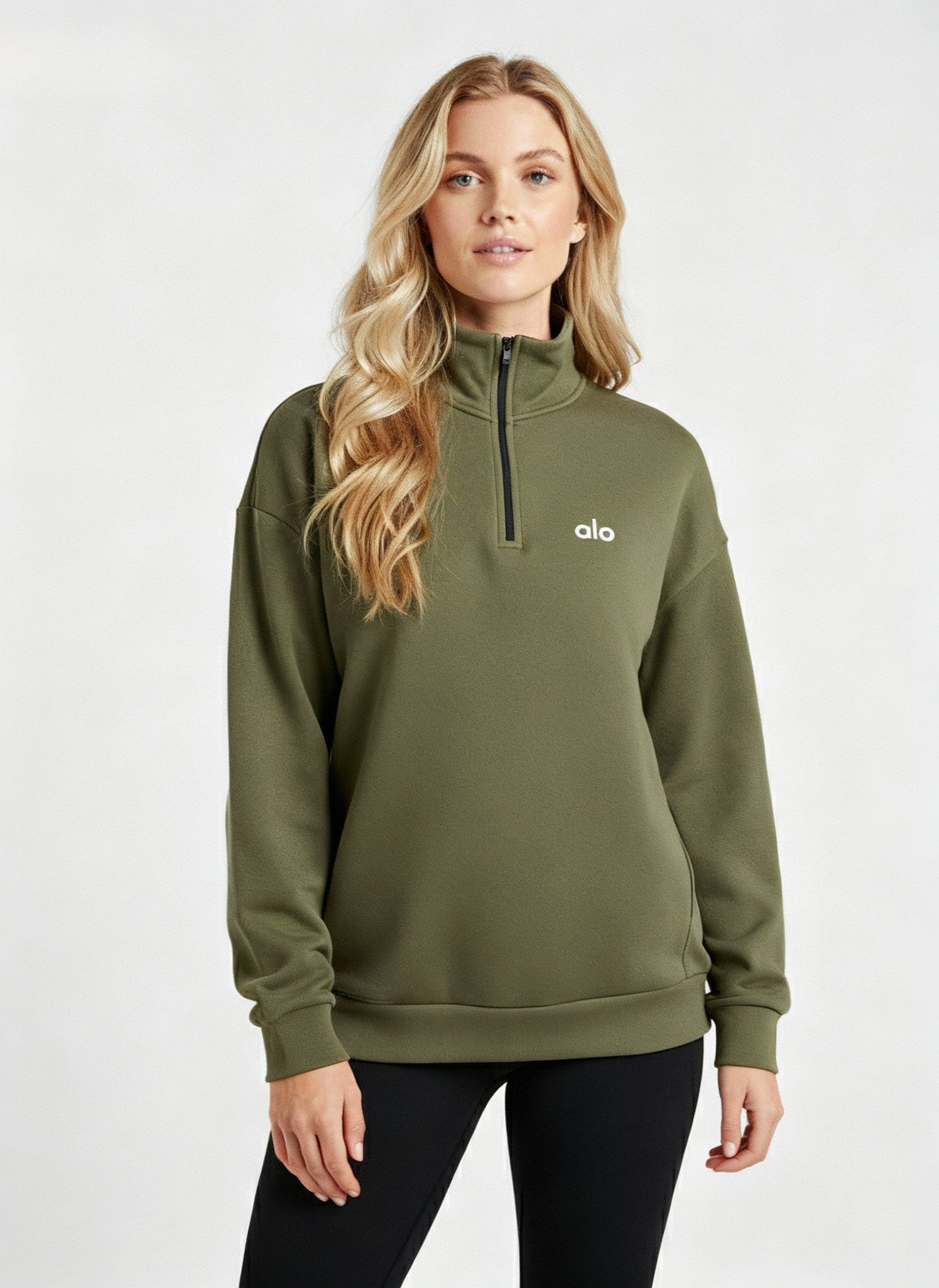 ALO Haki Renk Yarım Fermuarlı Yaka Uzun Kollu Sweatshirt